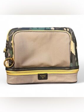 FOSSIL grey and yellow makeup bag. Bottom zip is perfect for brushes.